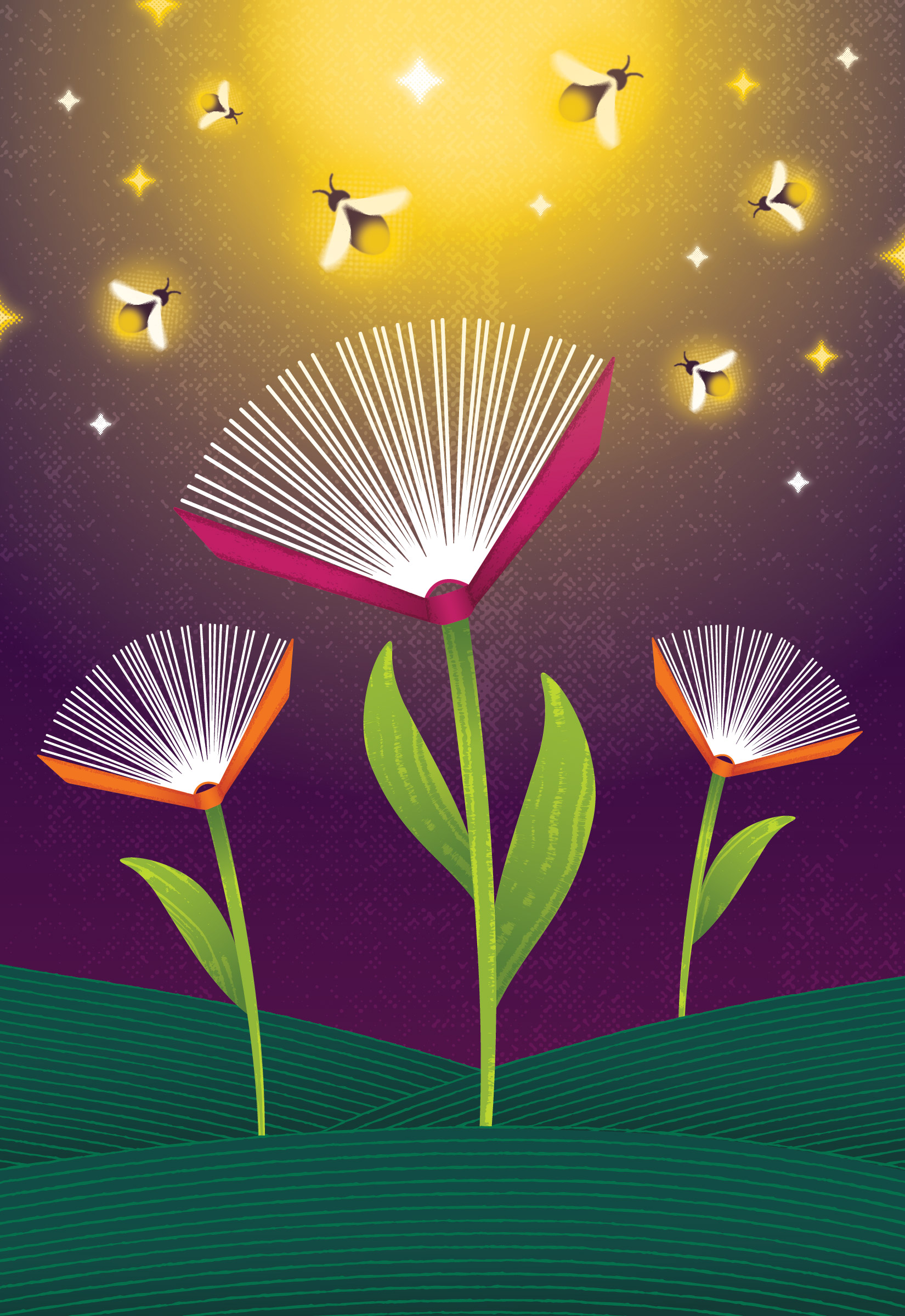 Three open books with pages fanned out like flower petals, blooming on green stems. Fireflies and stars illuminate the