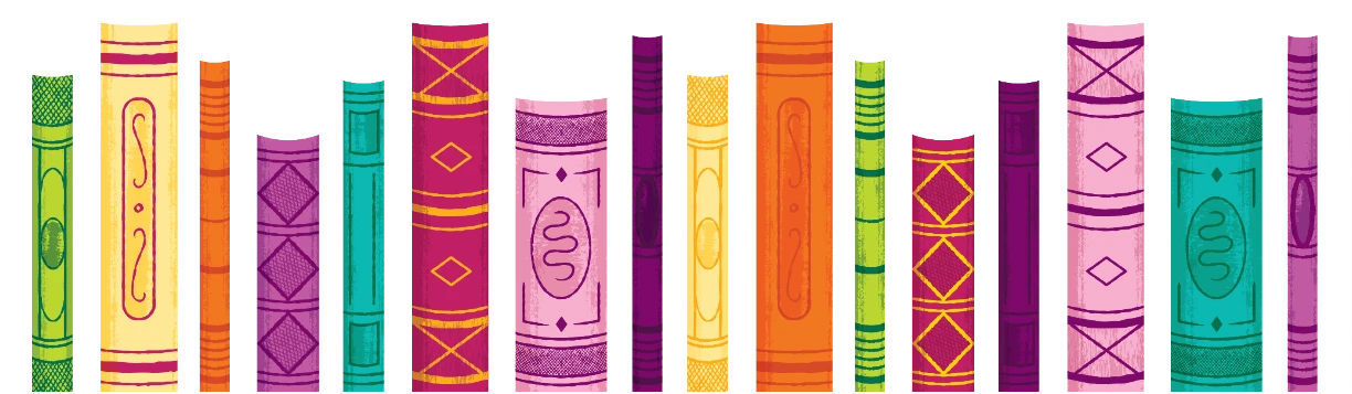 A colorful, stylized illustration of a row of books with decorative patterns on their spines against a black background.