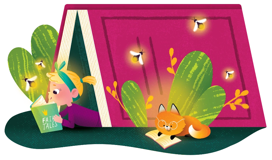 A girl reads a book titled "FAIR TALES" inside a tent made of books, with a fox reading nearby and fireflies glowing.