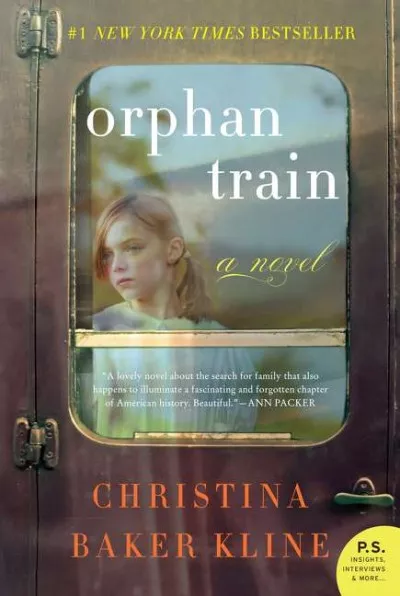 Book cover for Orphan Train by Christina Baker Kline, featuring a young girl looking out a train window.