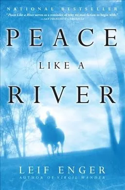 Book cover for "Peace Like a River" by Leif Enger, featuring a silhouette of a rider on horseback against a blue, misty