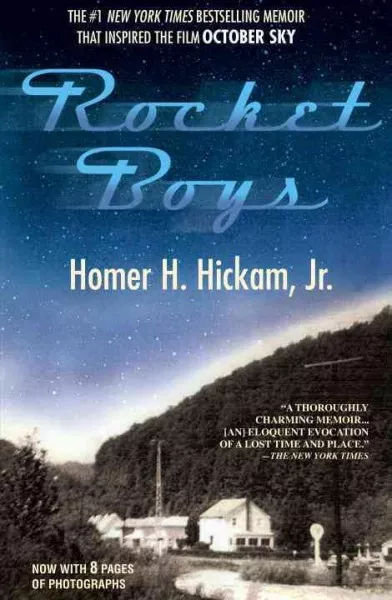 Book cover for "Rocket Boys" by Homer H. Hickam, Jr. Features a starry night sky over a rural landscape with houses and a