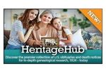 Three generations of women smiling, with a framed photo and the HeritageHub logo. Text promotes genealogical research.