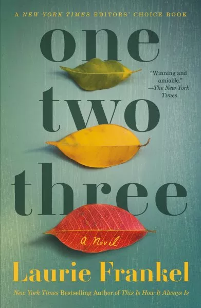Book cover for 'One Two Three' by Laurie Frankel, featuring the words stacked vertically with autumn leaves.