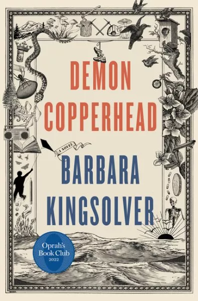 Book cover for Demon Copperhead by Barbara Kingsolver, featuring a decorative border and Oprah's Book Club 2022 seal.