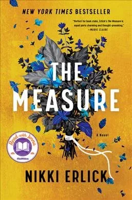 Book cover for 'The Measure' by Nikki Erlick, a New York Times bestseller, featuring a bouquet of dark blue and grey leaves