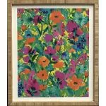 Framed floral art with vibrant pink, orange, and blue flowers and green foliage.