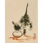 Watercolor painting of a spotted kitten playing with a ball of yarn.