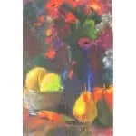 Still life painting of fruit in a bowl with a vase of flowers.
