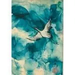 Watercolor painting of a white bird in flight against a swirling blue and cream background.