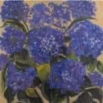 Close-up of vibrant blue hydrangeas with green leaves against a soft, light background.