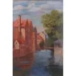 Watercolor painting of canal with red brick buildings and green trees under a cloudy sky.