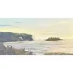 Coastal landscape with trees on a bluff overlooking a calm bay and a small island in the distance.