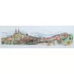 Watercolor painting of a sprawling cityscape with prominent towers and buildings, set against a pale blue sky.