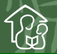Outline of a house with two figures inside, one reading a book. Represents homeschooling.