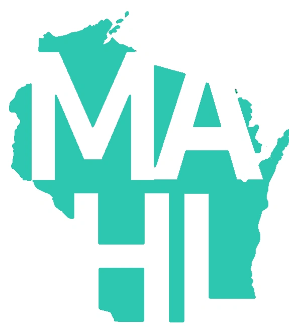 The letters M, A, H, I are superimposed on a teal outline of the state of Wisconsin.